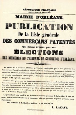 Publication de la liste générale des commerçans [commerçants] patentés qui doivent prendre part aux élections des membres du tribunal de commerce d' Orléans. (AMO, 15Fi391)