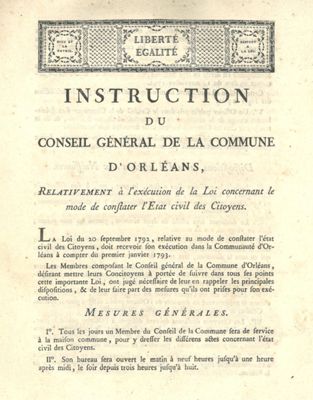 Instruction pour lexécution de la loi du 20 septembre 1792 sur l'état civil. 1792. Imprimé. AMO, 6E2