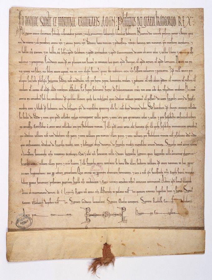 Privilèges et franchises. Diplôme de Philippe Auguste. 1183. AMO, AA1. Cliché : Archives du Loiret