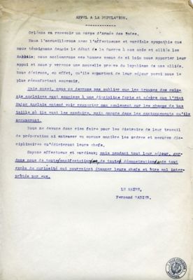 Appel à la population de Fernand Rabier sur la présence d'un corps d'armée des Indes, 1914 (4H41)