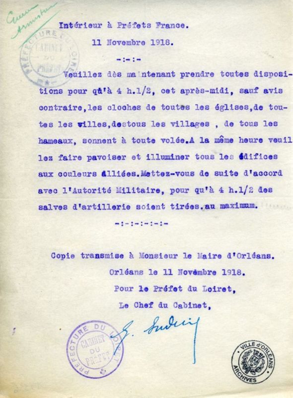 Note du Ministère de l'Intérieur annonçant l'Armistice, 11 novembre 1918 (1J336)