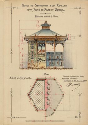 Projet de construction dun pavillon pour poste de police et urinoirs : plan (1902). Auteur : le directeur des travaux municipaux. Cote 4413. Archives municipales d'Orléans.