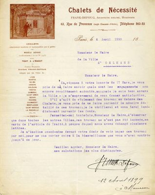 Chalets de nécessité : correspondance de Frank-Defoug au maire dOrléans (1899). Cote 4413. Archives municipales d'Orléans.