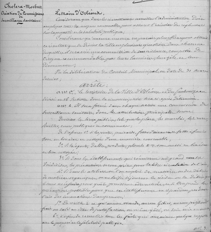Arrêté du Maire : Choléra morbus, création de commissions sanitaires.
