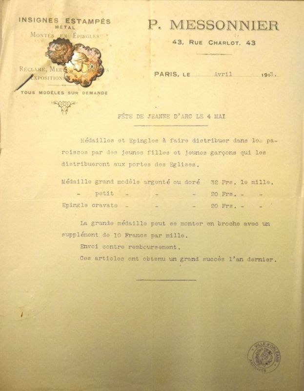 Lettre dactylographiée du magasin P. Messonnier (avril 1913)