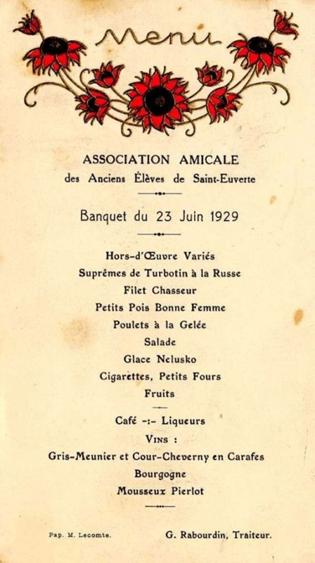 Menu du banquet de l'amicale des anciens élèves de Saint-Euverte, 1929. (AMO, 35S22)