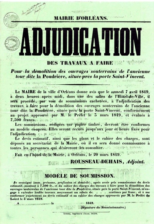 Adjudication des travaux à faire pour la démolition des ouvrages souterrains de l'ancienne tour dite La Poudrière, située près la porte Saint-Vincent (AMO, 15Fi353)