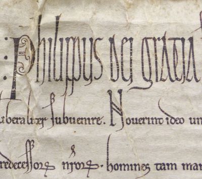 Privilèges et franchises. Diplôme de Philippe Auguste. 1183. AMO, AA1 (détail)