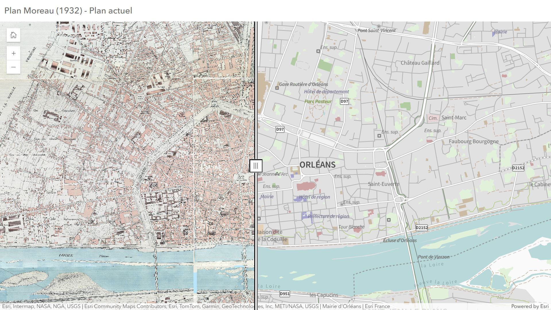 Application superposant le plan Moreau et le cadastre de 2025