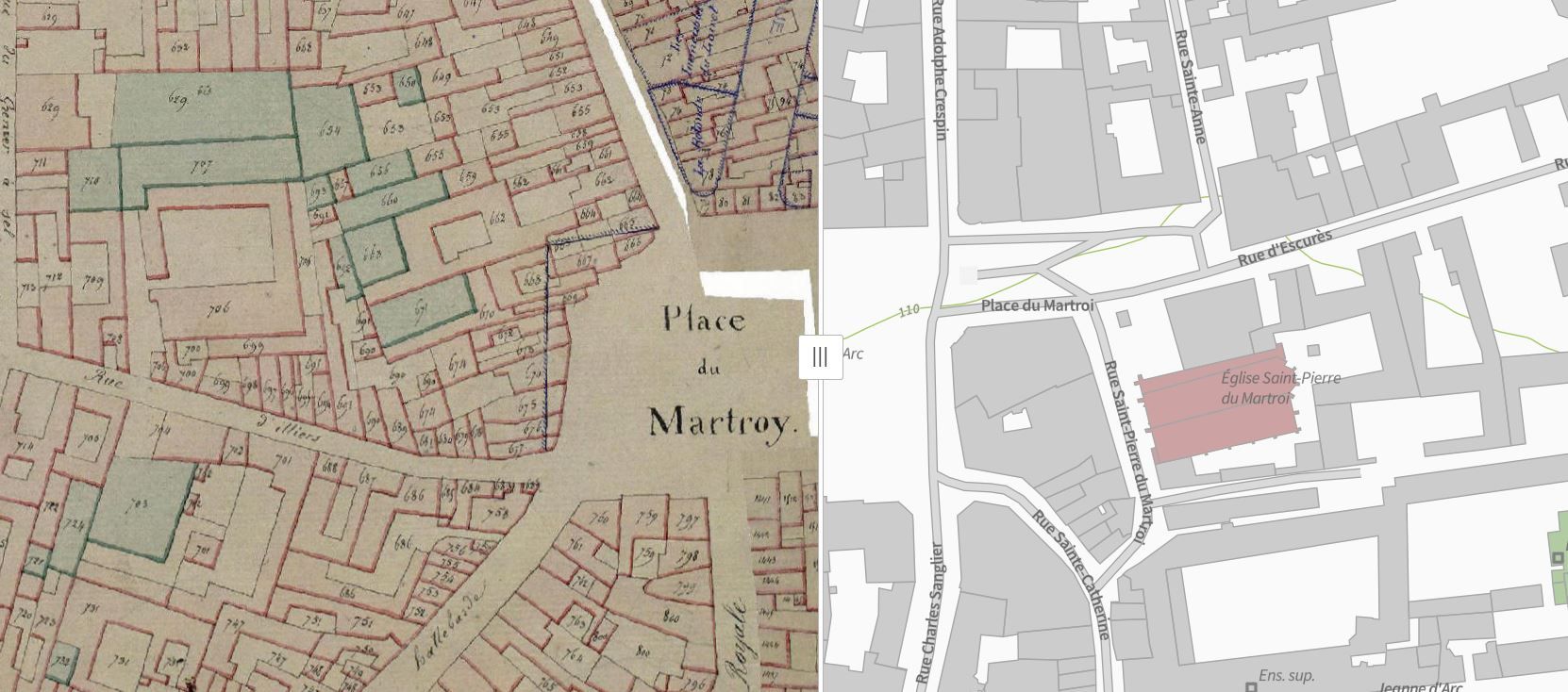 1823 : le cadastre dit napoléonien superposé au cadastre actuel
