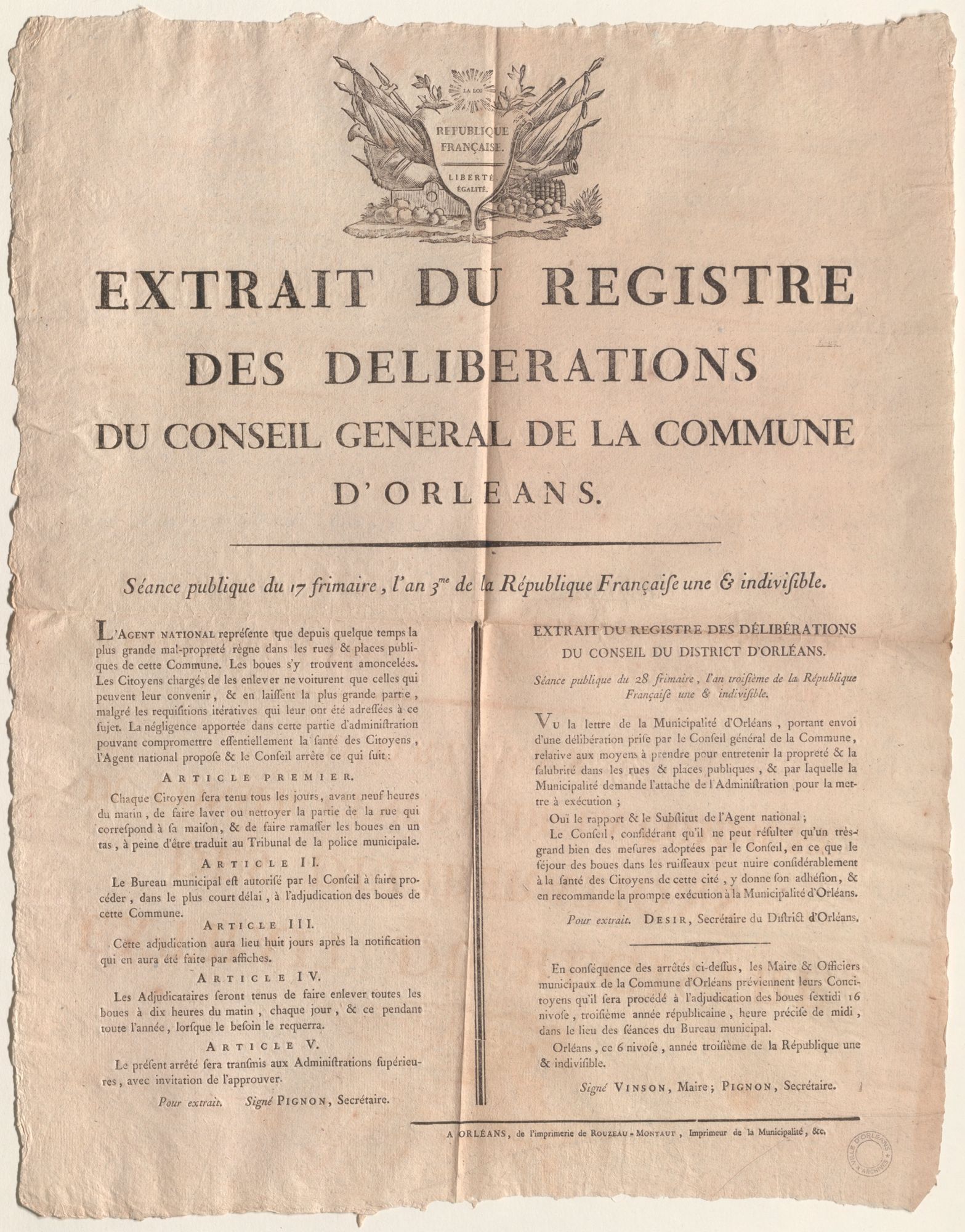 Extrait du registre des délibérations du Conseil général de la commune d'Orléans. Affiche. 17 frimaire an III [7 décembre 1794]. AMO 1J1003.