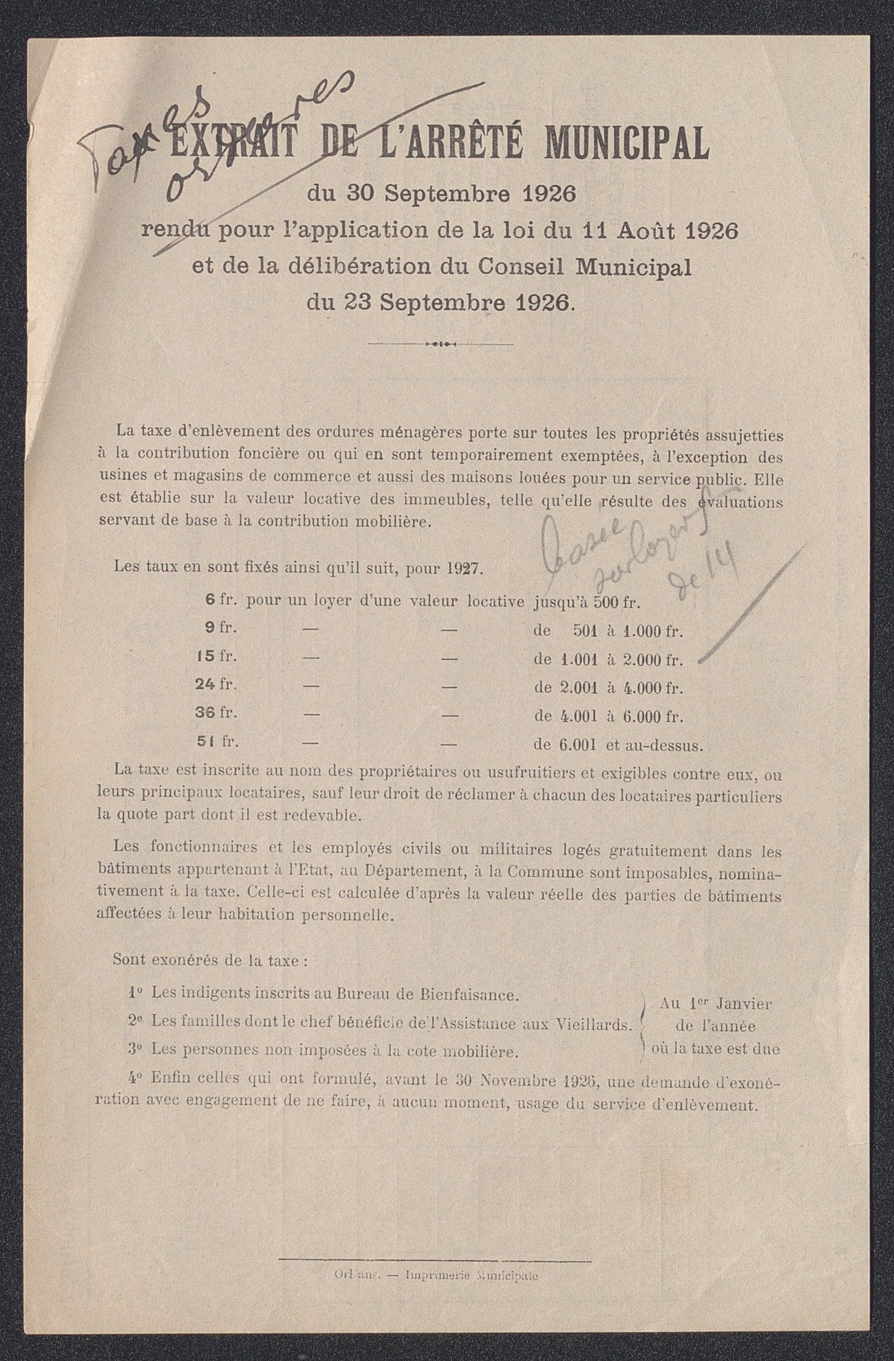 Avertissement pour le paiement de la taxe de l'enlèvement des ordures ménagères (exercice 1927) (verso). Imprimé. 1927. AMO 1130.