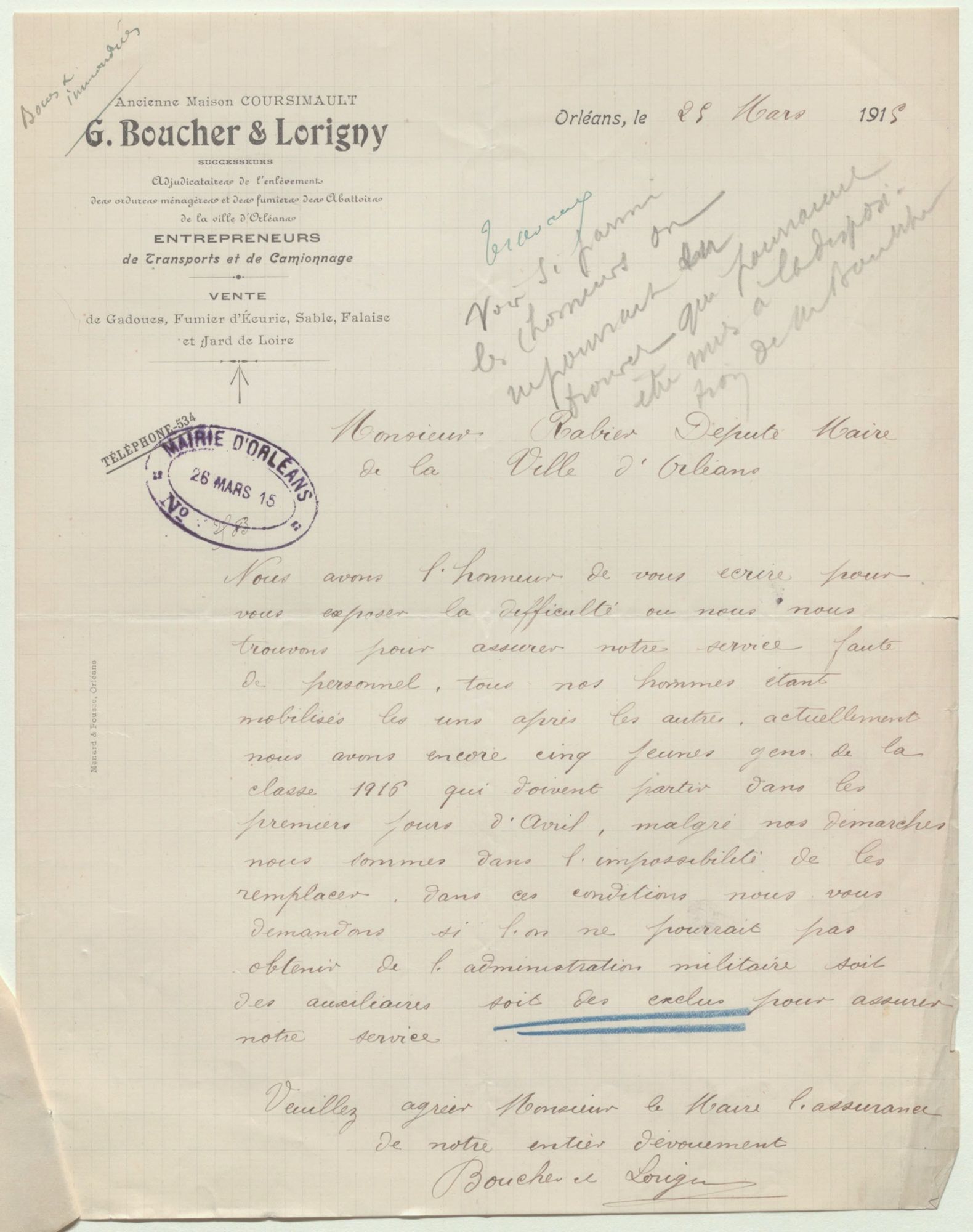 Lettre de G. Boucher & Lorigny au député-maire d'Orléans. Manuscrit. 25 MARS 1915. AMO 1J1003.