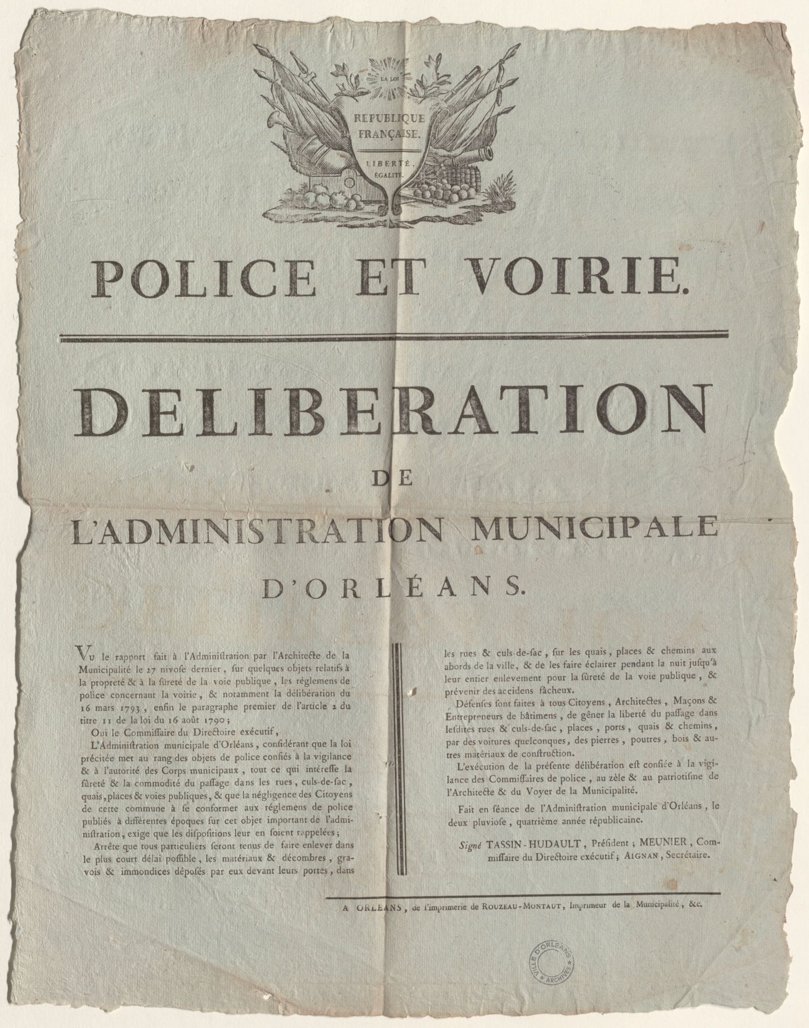 Police et voirie. Délibération de l'administration municipale d'Orléans. Affiche. 2 pluviôse an IV [22 janvier 1796]. AMO 1J1003.