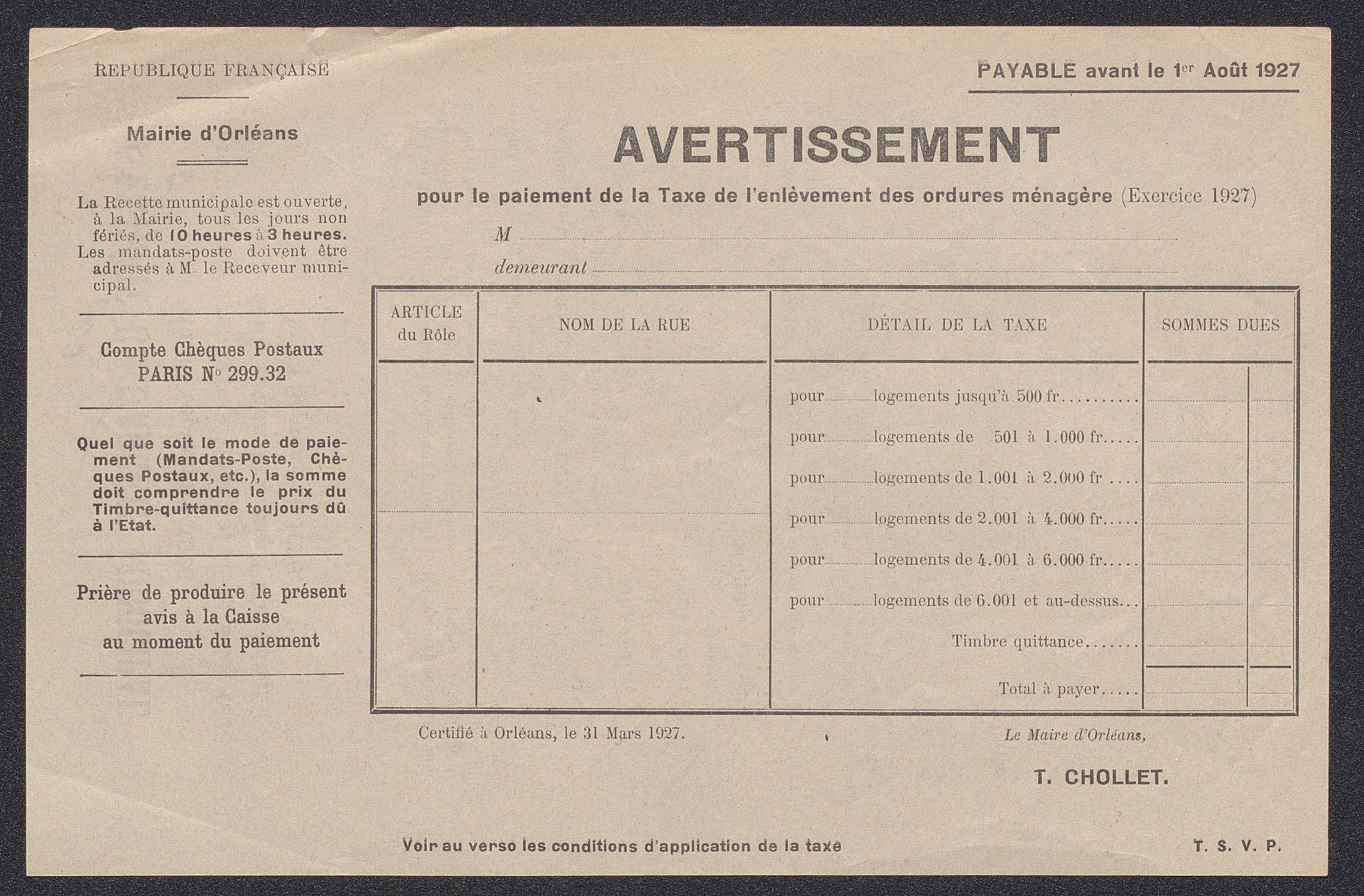 Avertissement pour le paiement de la taxe de l'enlèvement des ordures ménagères (exercice 1927) (recto). Imprimé. 1927. AMO 1130.