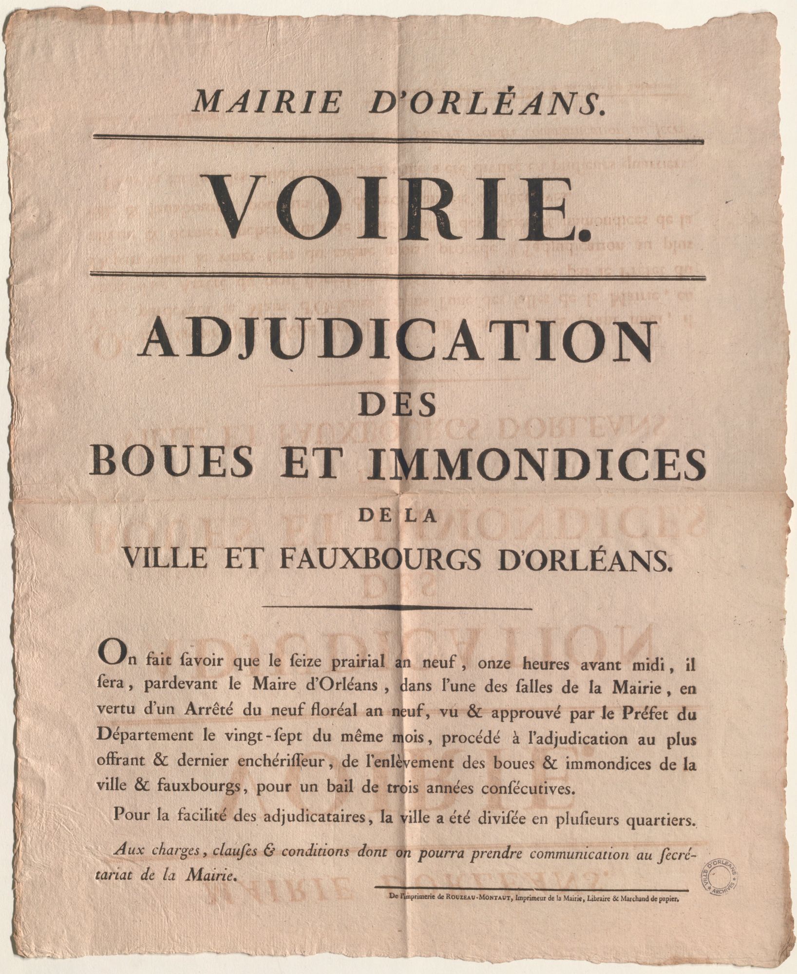 Adjudication des boues et immondices de la ville et des fauxbourgs d'Orléans. Affiche. An IX [1801]. AMO 1J1003.
