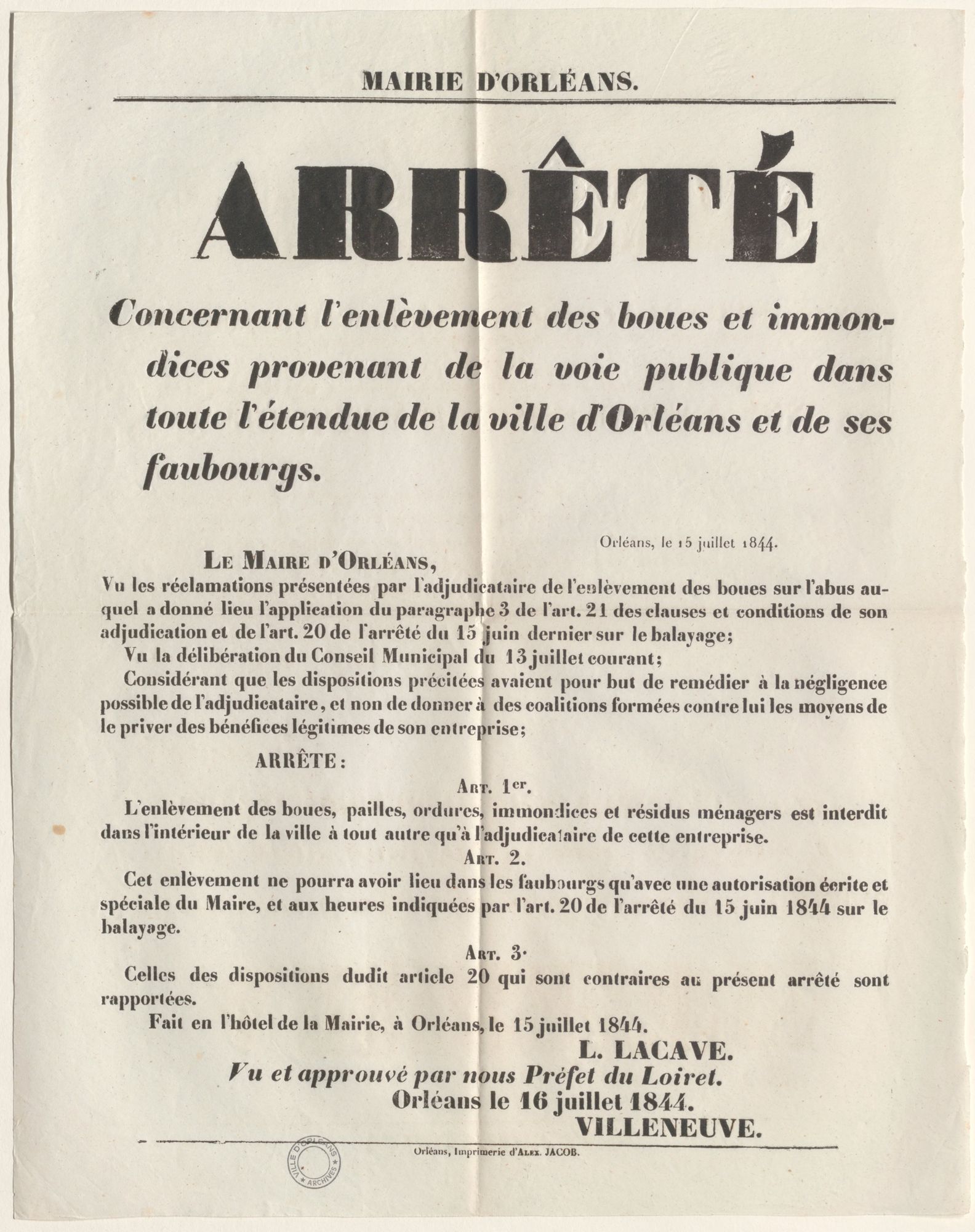 Arrêté concernant l'enlèvement des boues et immondices (...). Affiche. 15 juillet 1844. AMO 1J1003.