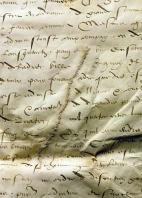 Impositions levées par les protestants. 15 novembre 1568. 1 feuille en parchemin (format 50 x 38 cm). AMO, CC202 (pièce N°5, détail). La feuille présente une ancienne couture.