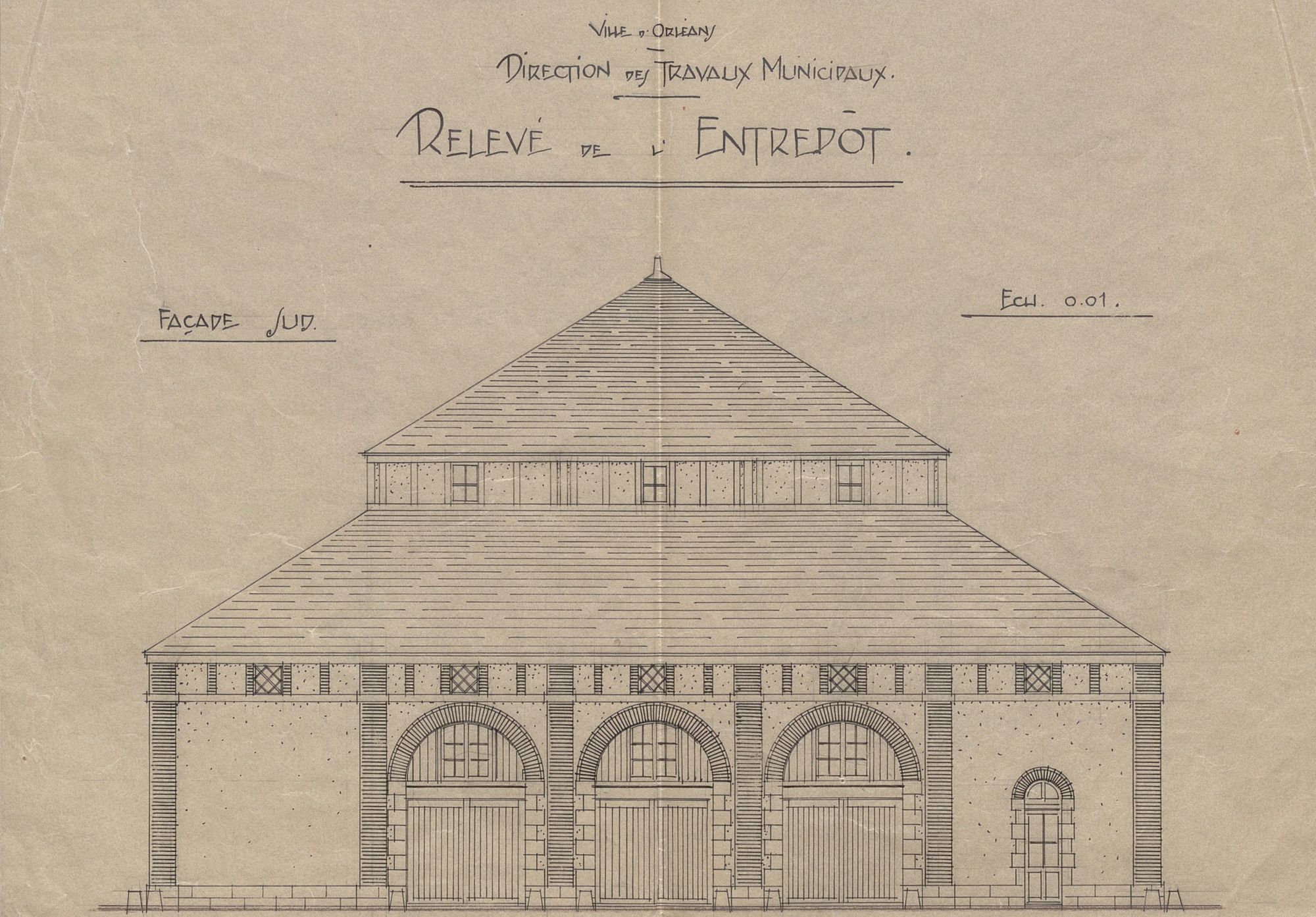 Relevé de l'entrepôt, quai Barentin. Plan calque à l'encre. Vers 1931. AMO 2M136.