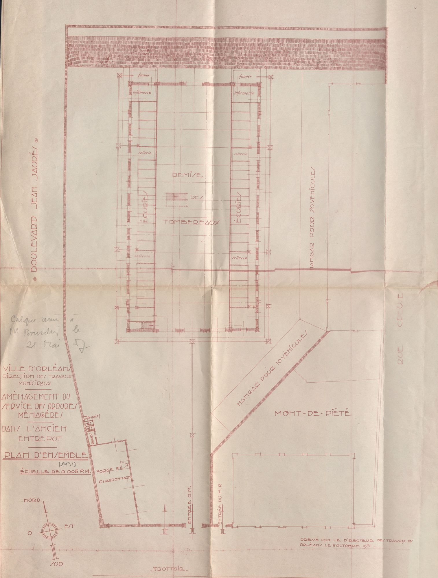Aménagement du service des ordures ménagères dans l'ancien entrepôt. Plan d'ensemble. Tirage papier. 1931. AMO 2M136.