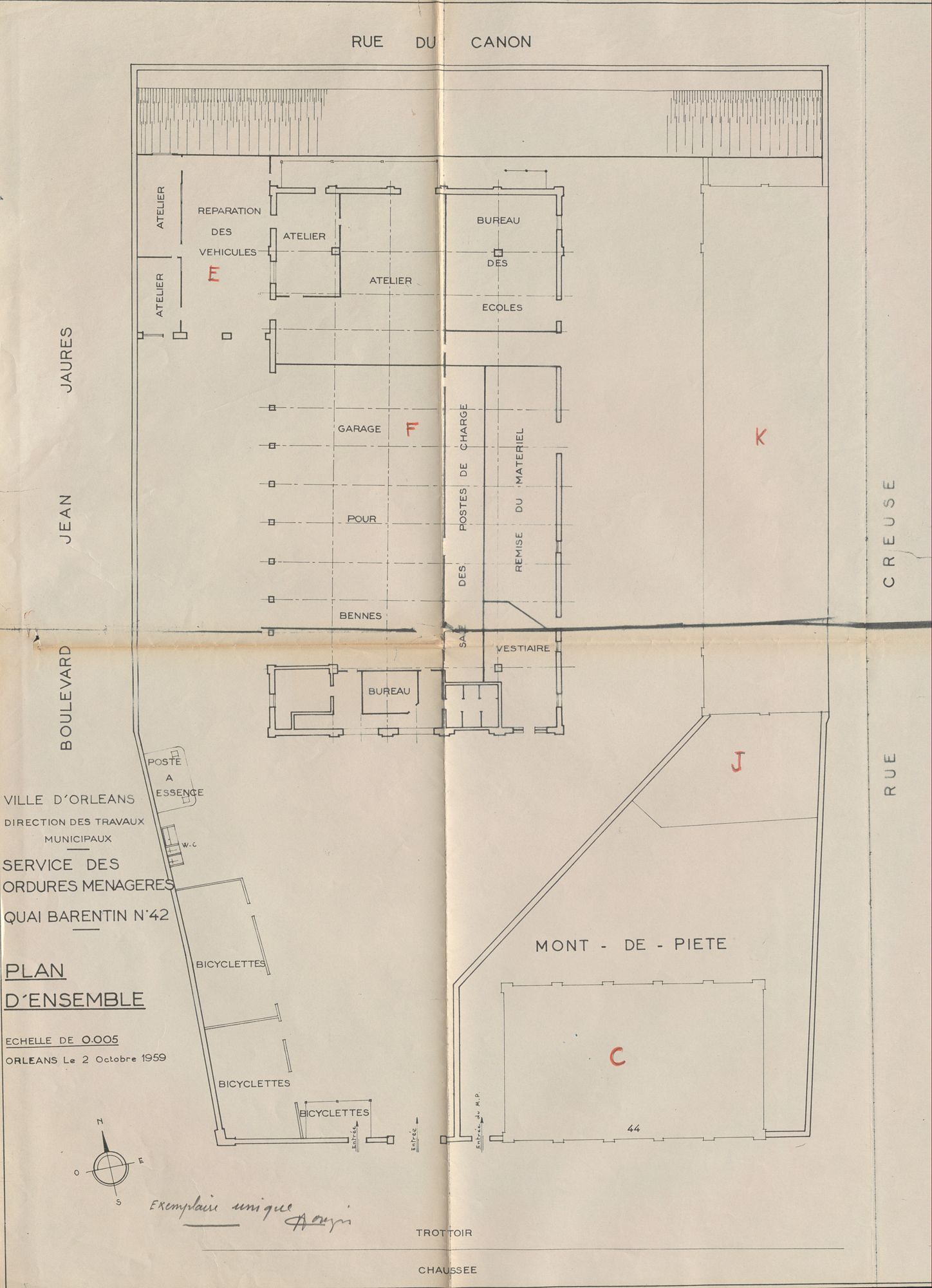 Service des ordures ménagères, quai Barentin n°42. Plan d'ensemble. Tirage papier. 1959. AMO 2M136.