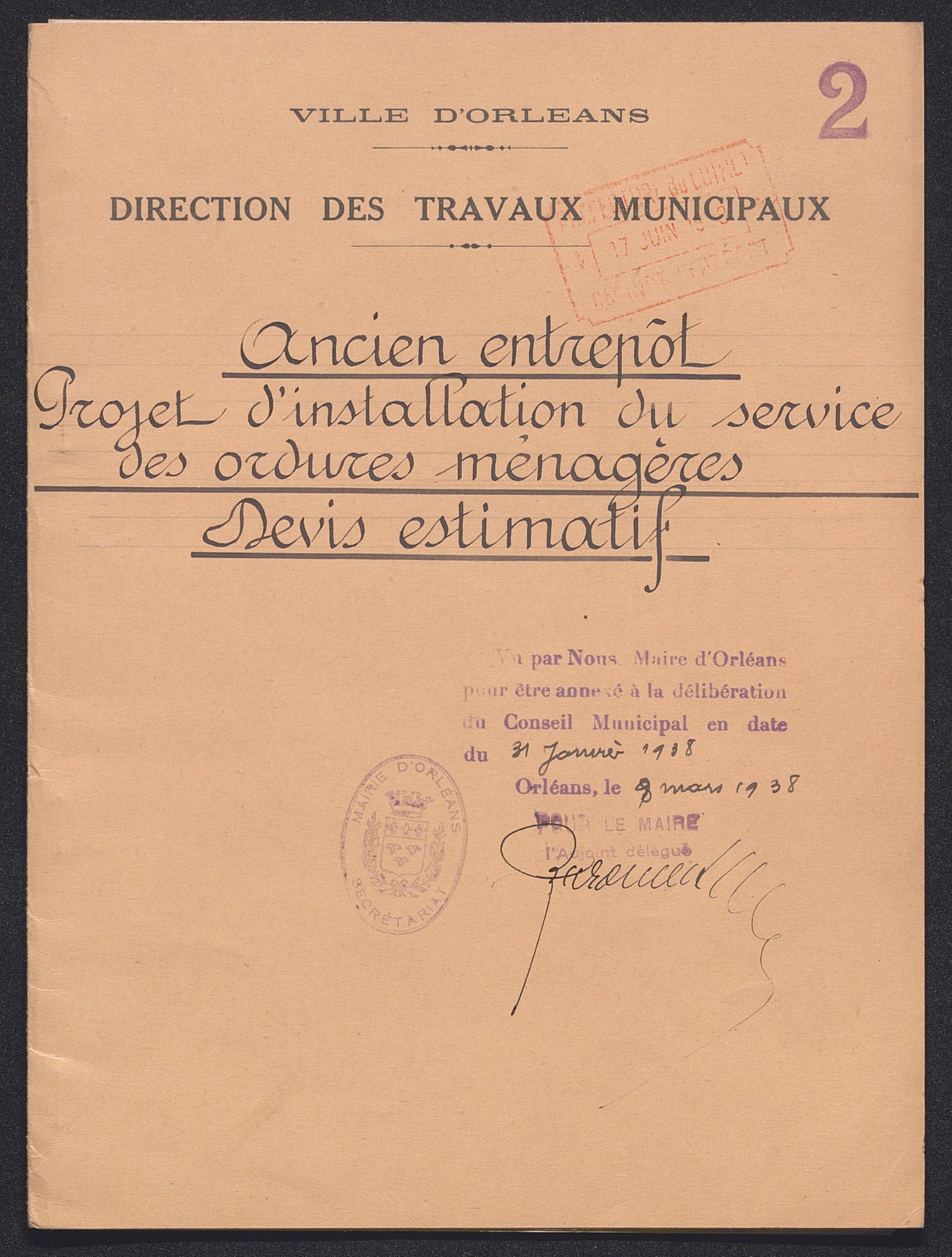 Ancien entrepôt - Projet d'installation du service des ordures ménagères, devis estimatif. 1938. AMO 2M136.