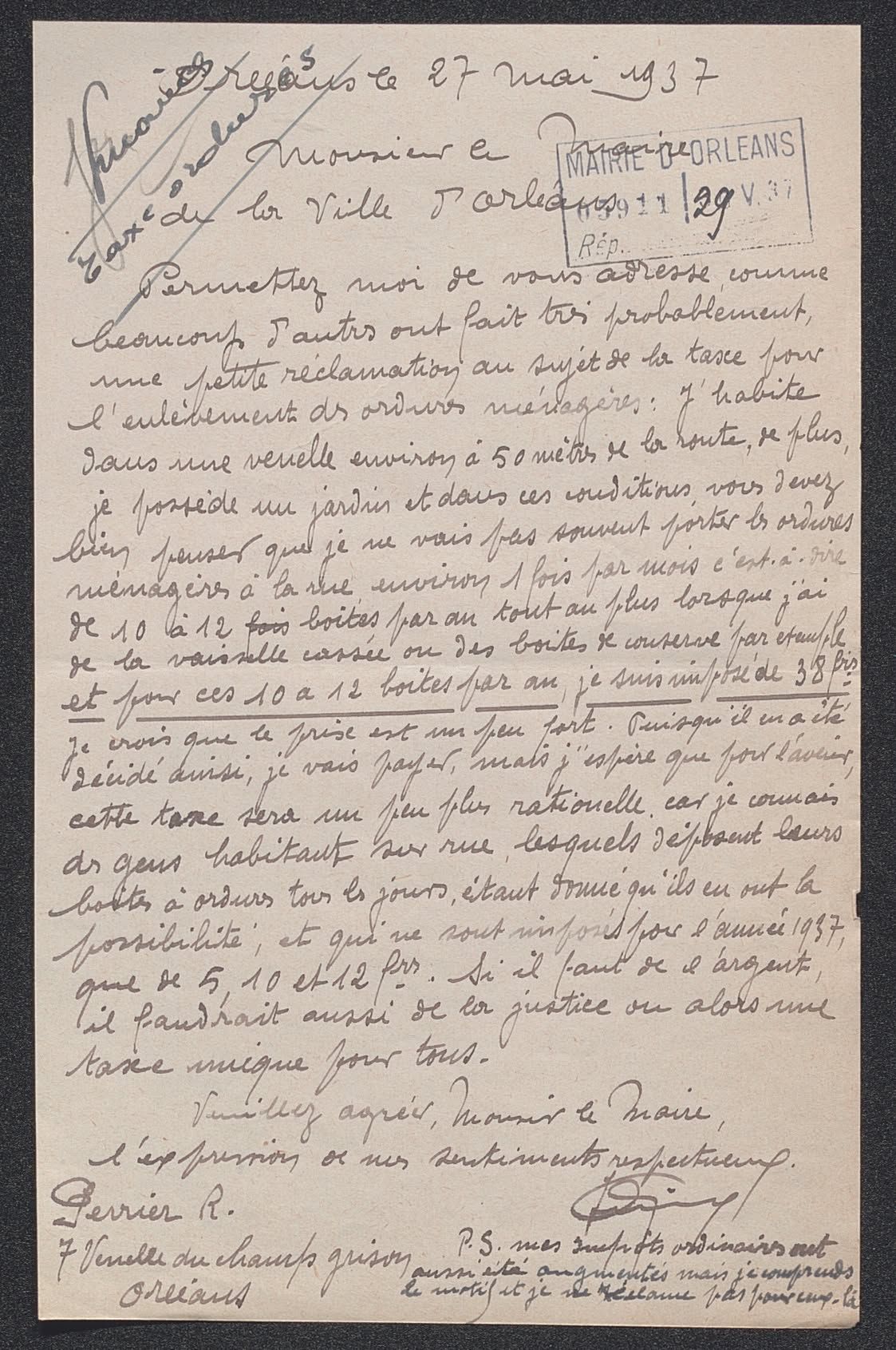 Réclamation. 1937. AMO 1J1003.