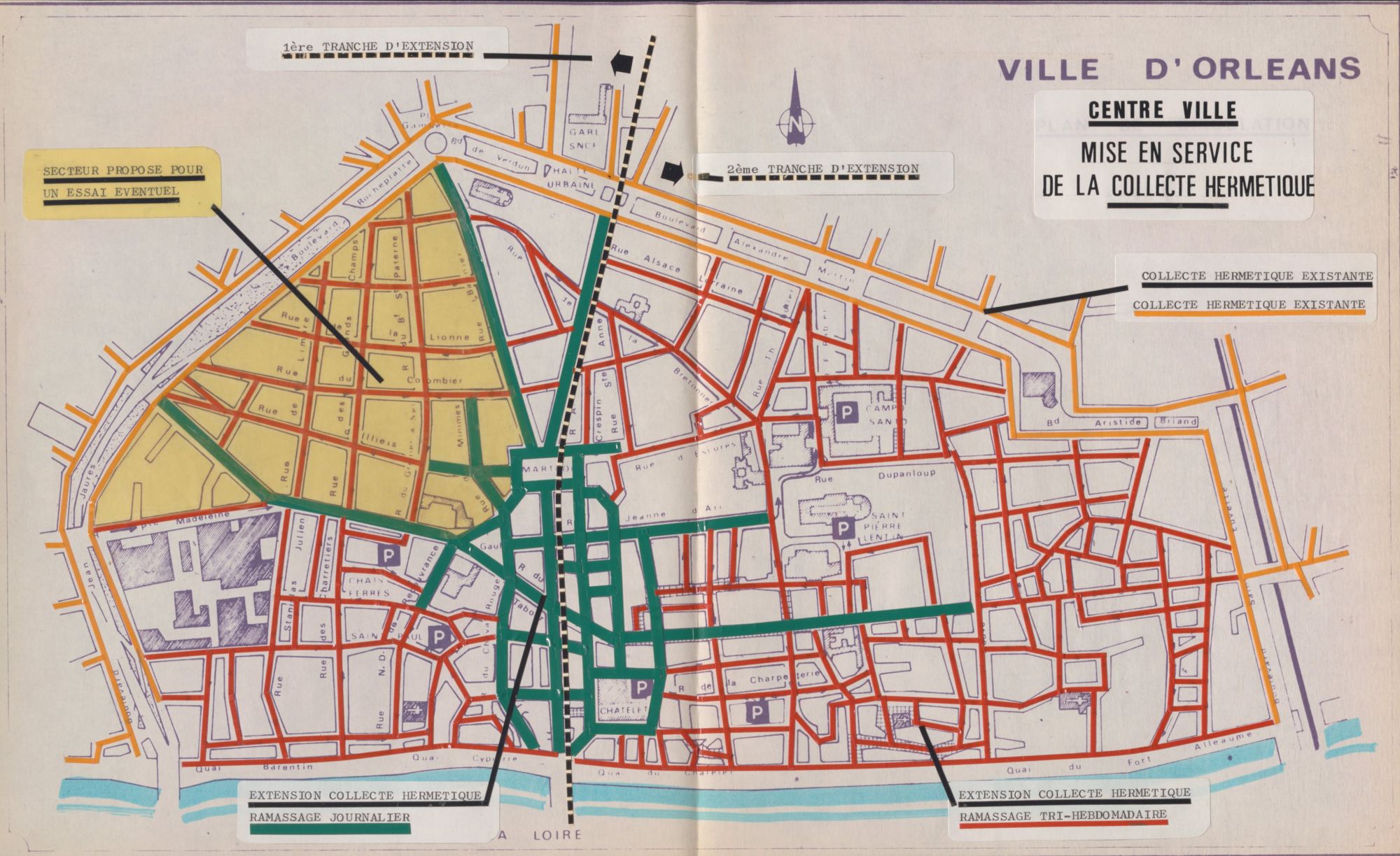 Centre-ville : mise en service de la collecte hermétique. Plan imprimé. Vers 1983. AMO 6O10.