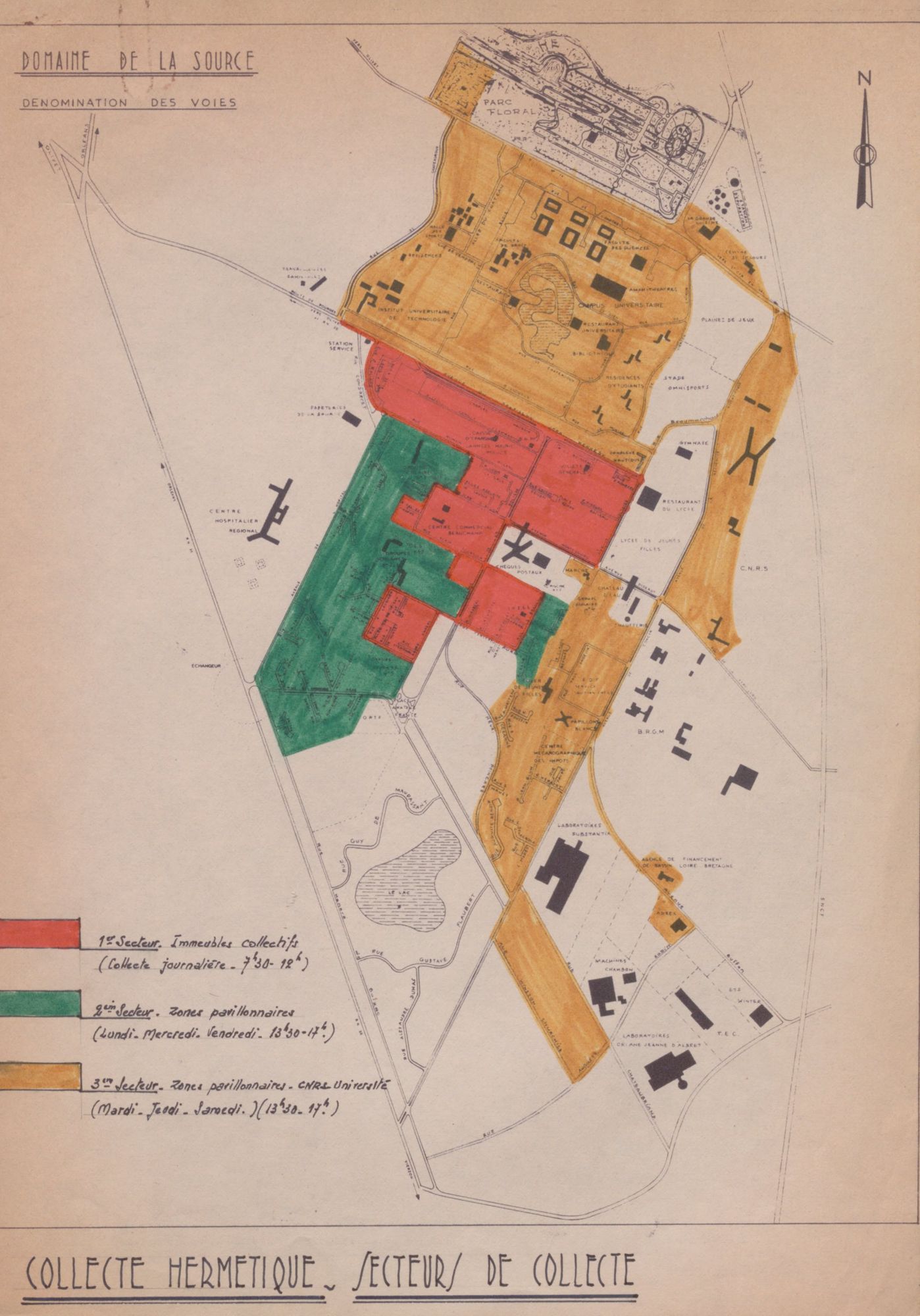 Collecte hermétique : secteur de collecte [quartier de La Source]. Plan imprimé. Vers 1974. AMO 6O10.