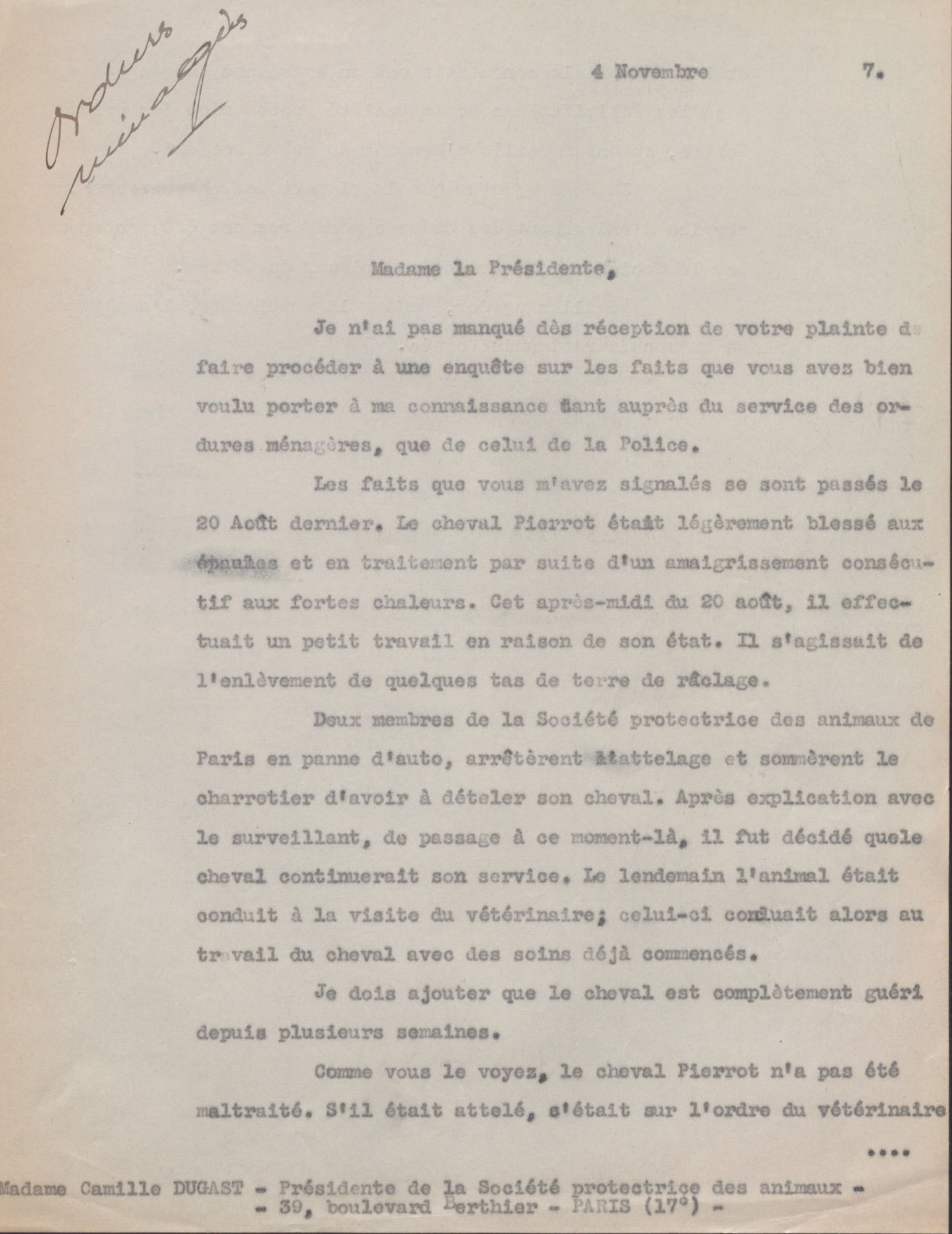 Lettre de la municipalité en réponse à une plainte adressée par la Société Protectrice des Animaux (SPA) alertant sur la maltraitance des animaux employés au service de la voirie. Courrier. 1937. AMO 6O5.