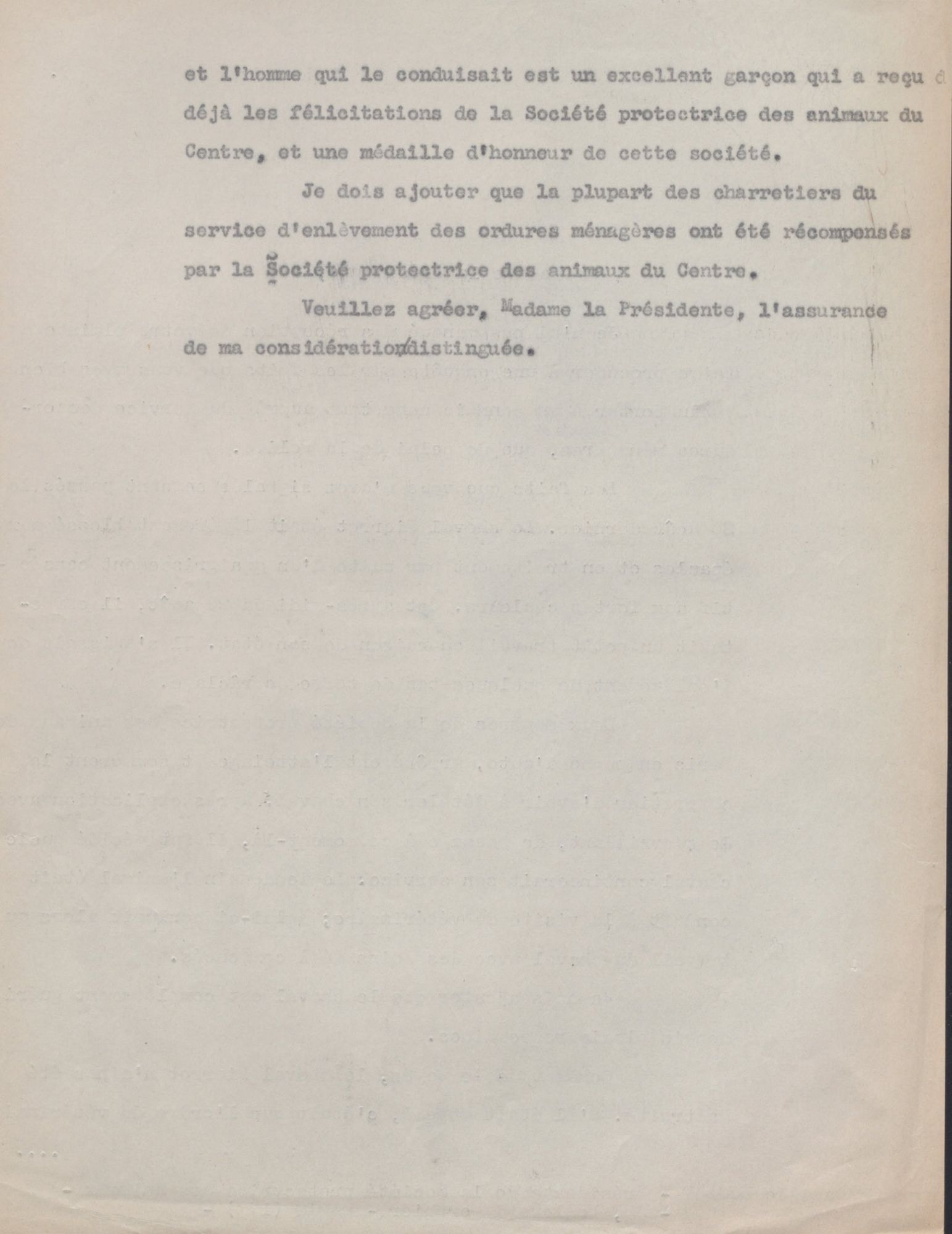 Lettre de la municipalité en réponse à une plainte adressée par la Société Protectrice des Animaux (SPA) alertant sur la maltraitance des animaux employés au service de la voirie. Courrier. 1937. AMO 6O5.