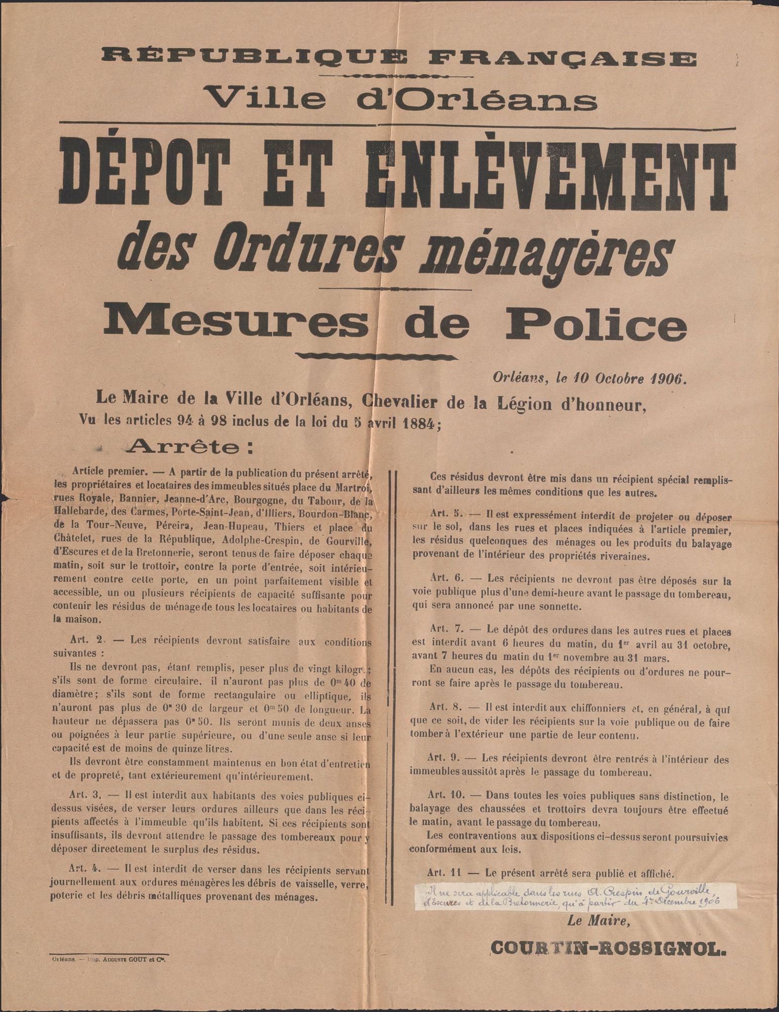 Dépôt et enlèvement des ordures ménagères : mesures de police. Affiche. 1906. AMO 5J12.