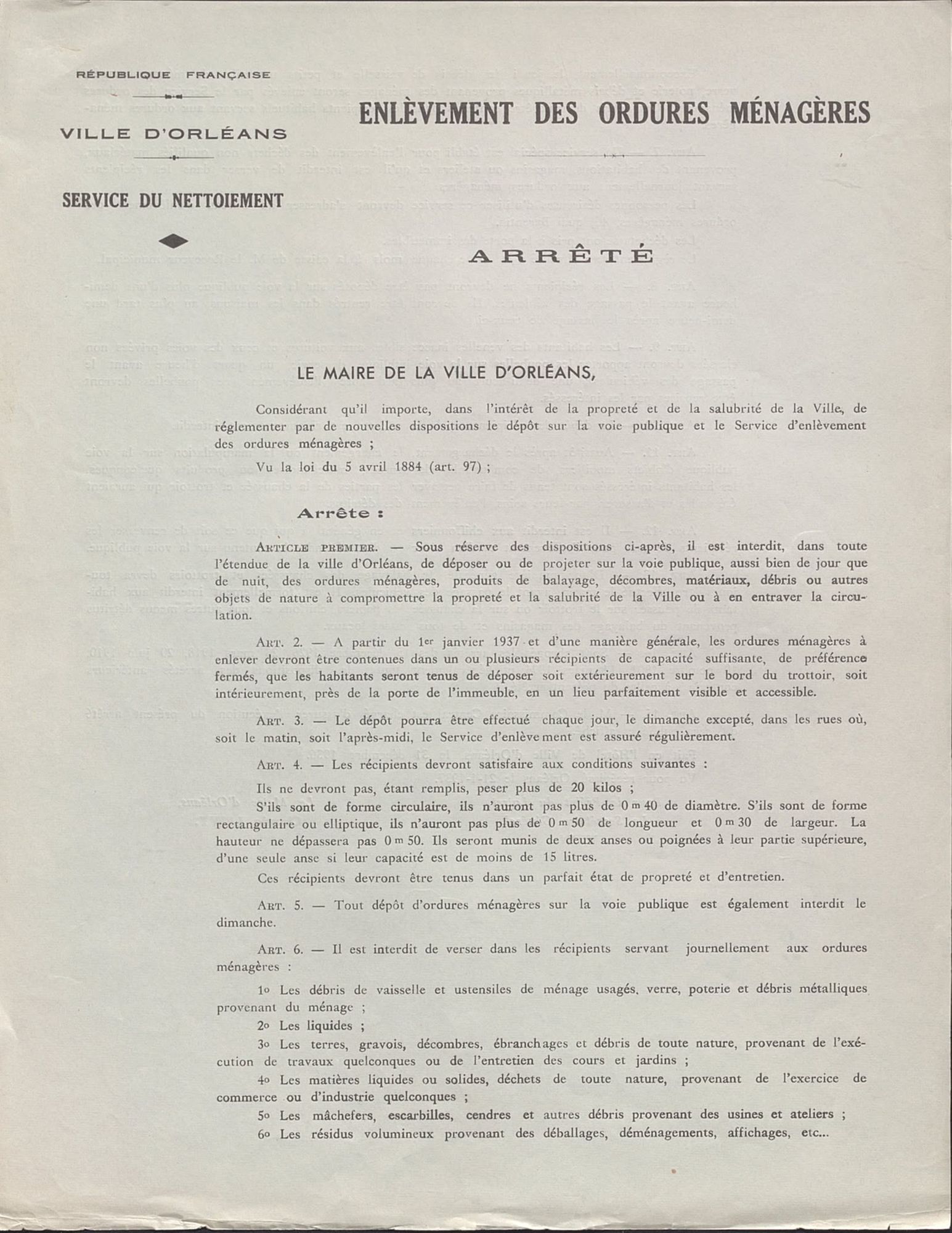 Enlèvement des ordures ménagères : arrêté (recto). Imprimé. Vers 1950. AMO 5J12.