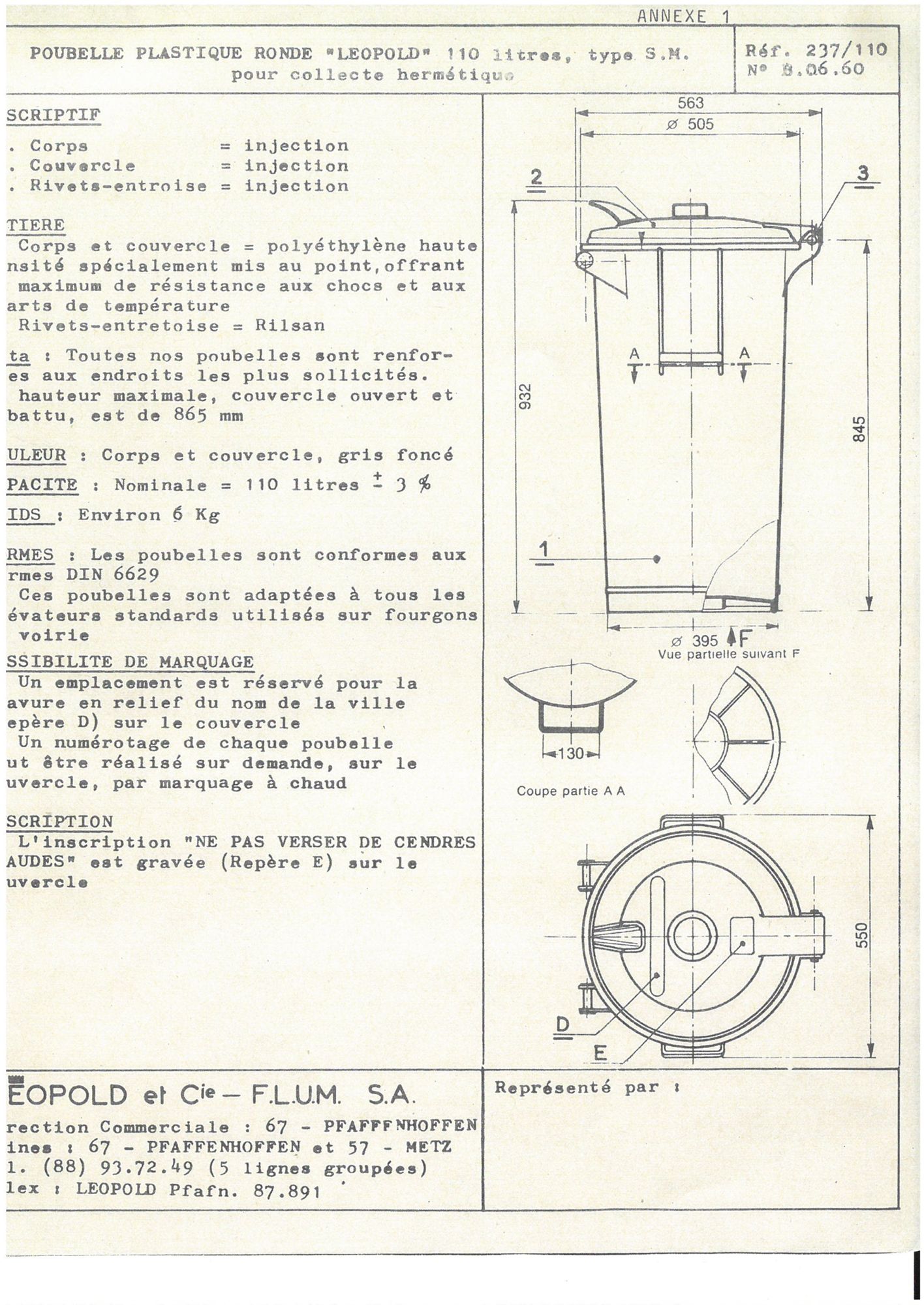 Notice descriptive de la poubelle Léopold 110 litres. Imprimé. 1973. AMO 6O11.