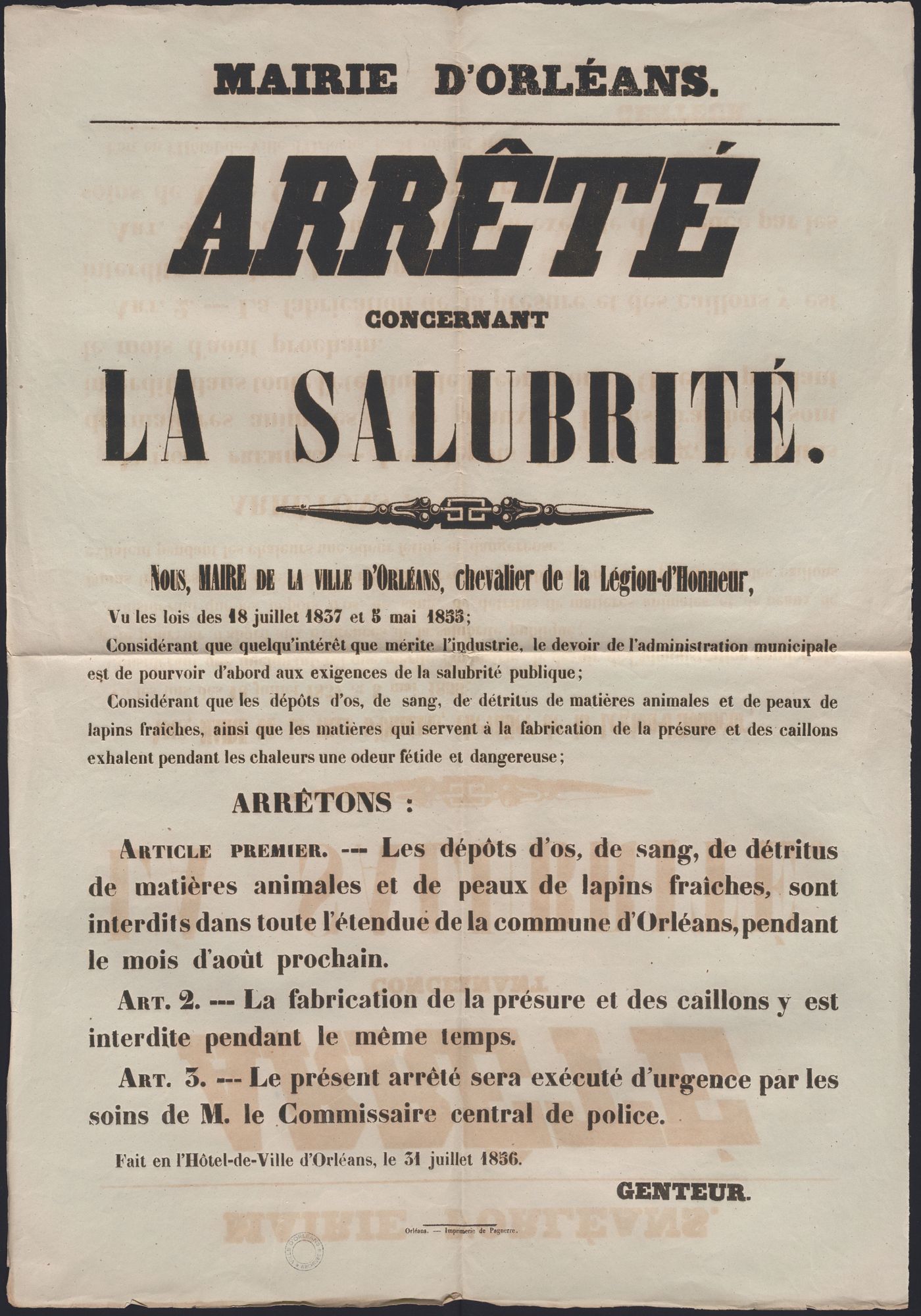 Arrêté concernant la salubrité. Affiche. 31 juillet 1836. AMO 5J1.