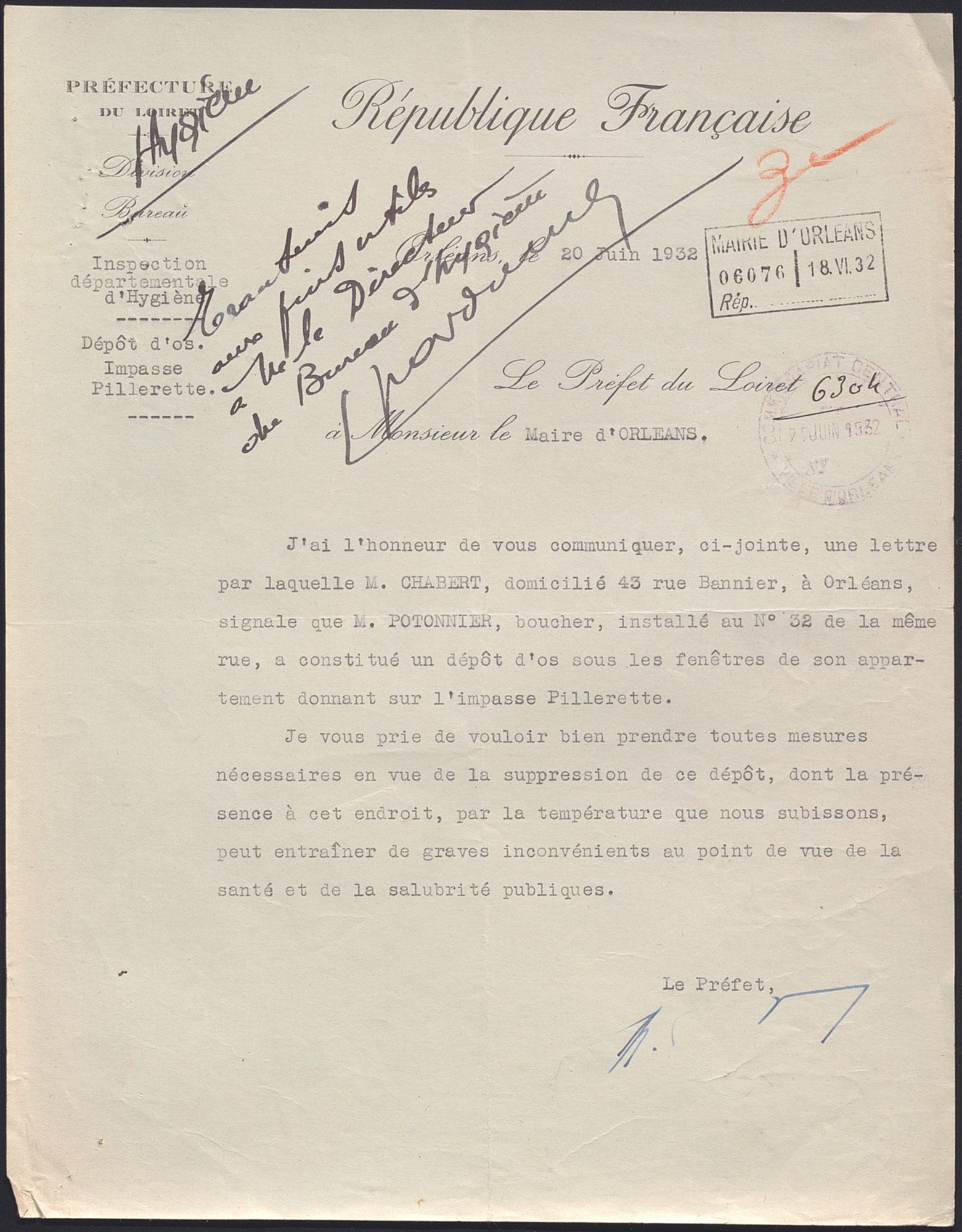 Lettre préfectorale au maire d'Orléans demandant la suppression d'un dépôt d'os. 20 juin 1932. AMO 5J335.