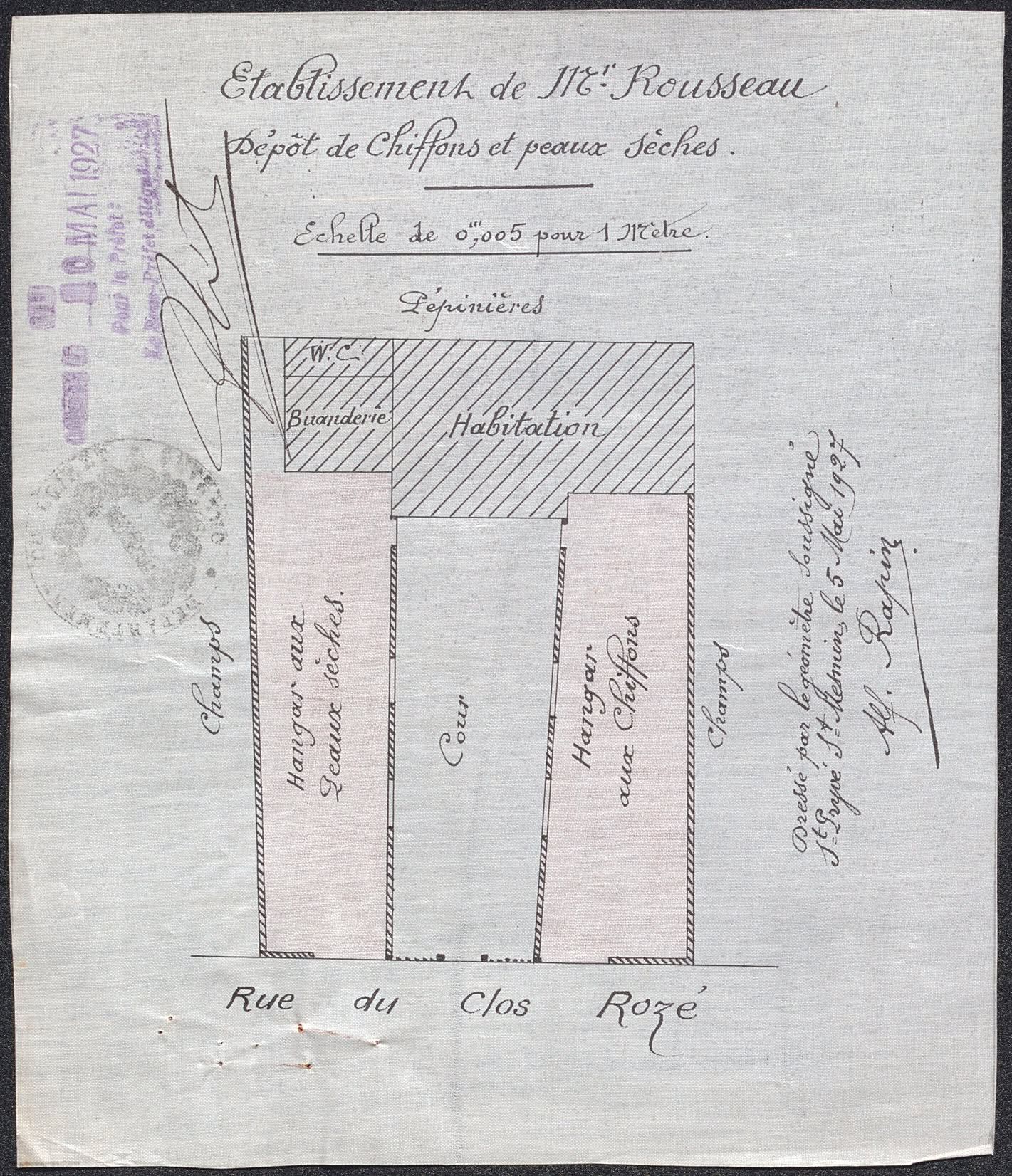 Etablissement de Mr Rousseau : dépôt de chiffons et peaux sèches. Plan calque. 5 mai 1927. AMO 5J336.