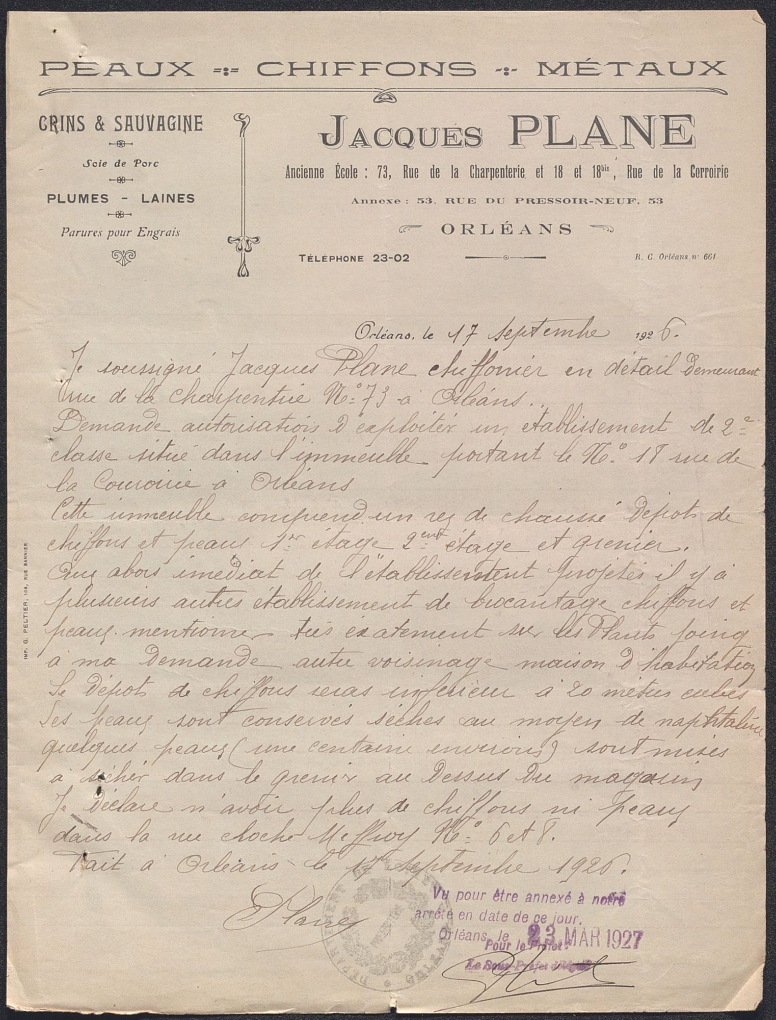 Demande d’autorisation pour un dépôt de chiffons, de Jacques Plane, chiffonnier. 1926. AMO 5J332.