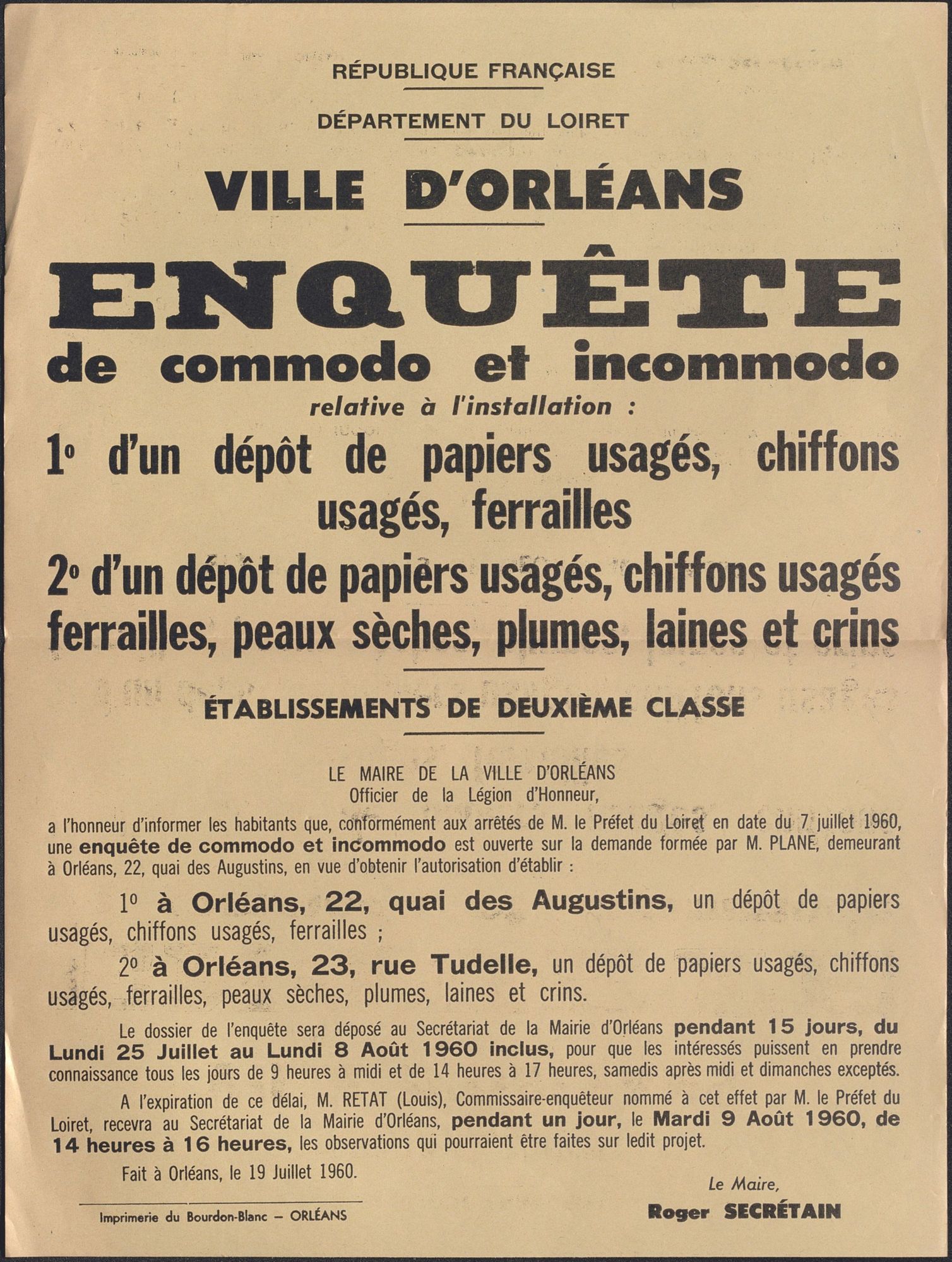 Enquête de commodo et incommodo, relative à l’établissement de dépôts de papiers, chiffons et autres matériaux. Affiche. 1960. AMO 5J336.