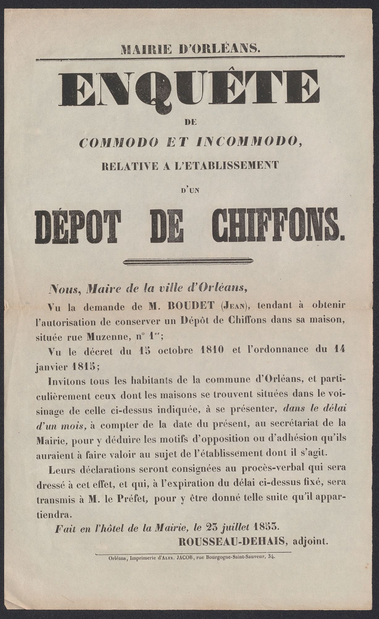 Enquête de commodo et incommodo, relative à l’établissement d’un dépôt de chiffons. Affiche. 1853. AMO 5J332.