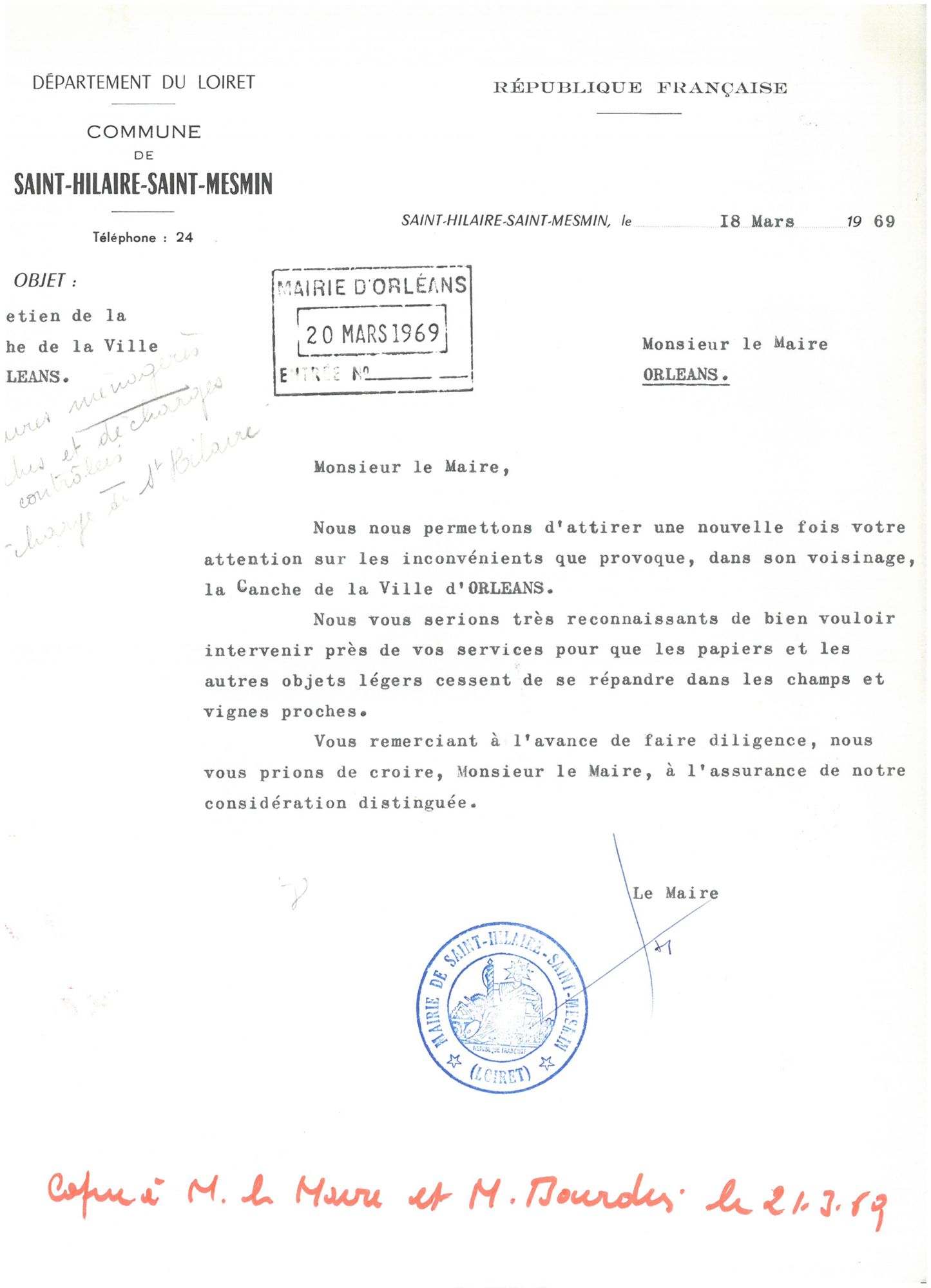Plainte de la commune de Saint-Hilaire-Saint-Mesmin. ettre dactylographiée.1969.AMO 6O13.