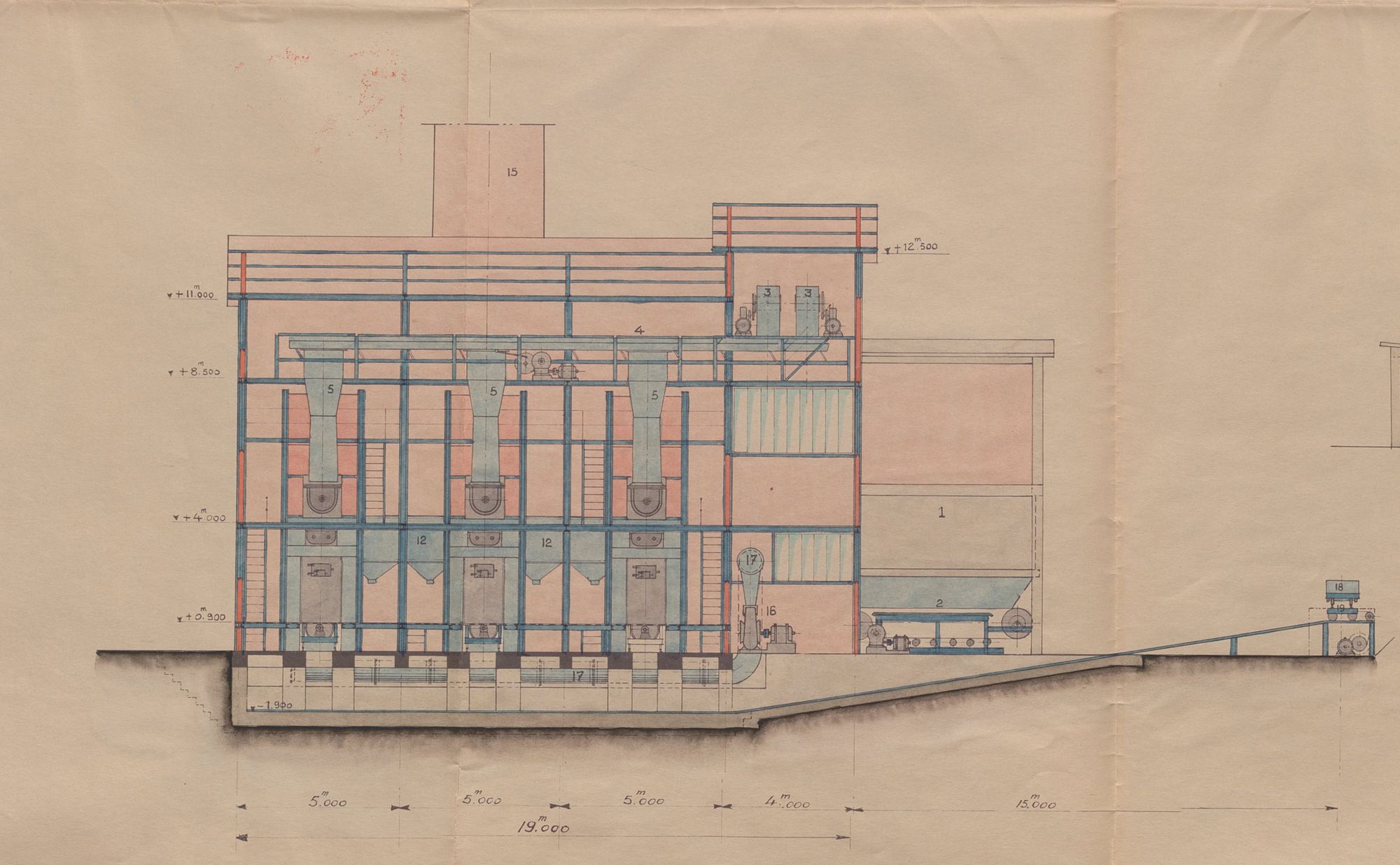 Installation de 3 fours à une cellule système Venien pour l'incinération des ordures ménagères : avant-projet. Plans (extrait). 1935. AMO 2M36.