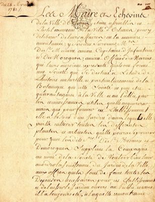 Décision des maire et échevins autorisant la création d'un Jardin de botanique dans le Jardin de la Ville. 1781. AMO, DD Suppl.4