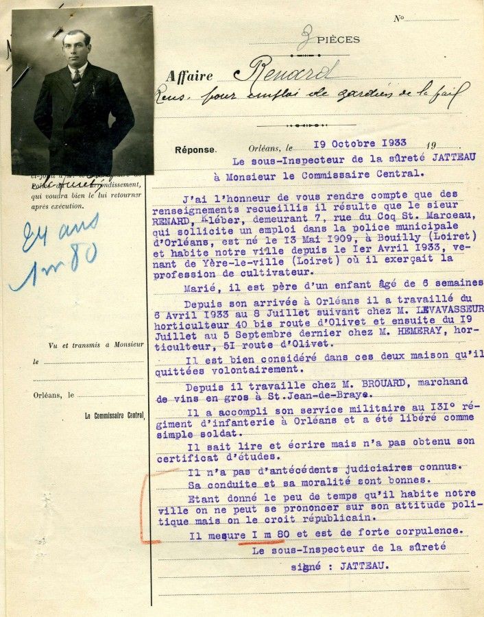 Affaire Renard : rens[eignements] pour emploi de gardien de la paix