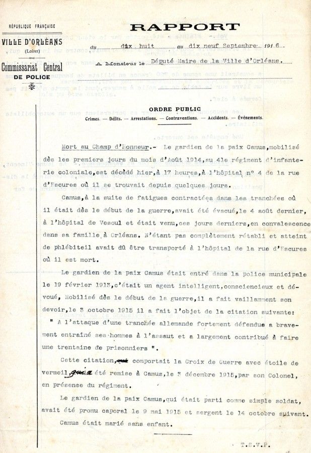 Camus, gardien de la paix, mort au Champ d'Honneur