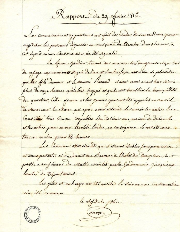 Rapport relatif à la surveillance pour empêcher les personnes déguisées ou masquées de circuler dans les rues [Mardi gras]
