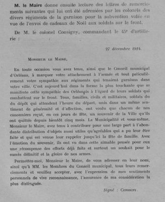 Extrait du registre de délibération de 1915 : cadeaux de Noël aux soldats (1D104)