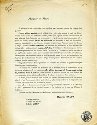 Lettre adressée au Maire par Maurice Gavot, président de la Société canine "La Sologne" sur les chiens de guerre, 1917 (4H42)