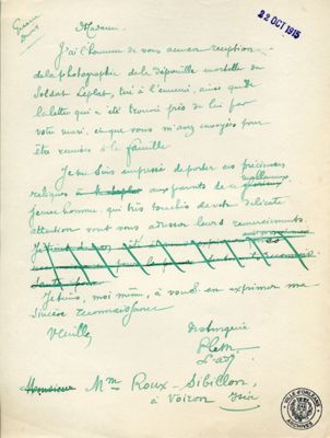 Victime de guerre, décédés : lettre de la Mairie à Mme Roux-Sibillon, 22 octobre 1915 (4H48)