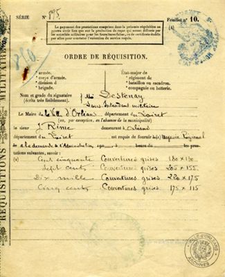 Ordre de réquisition pour fourniture de couvertures grises, 6 octobre 1915